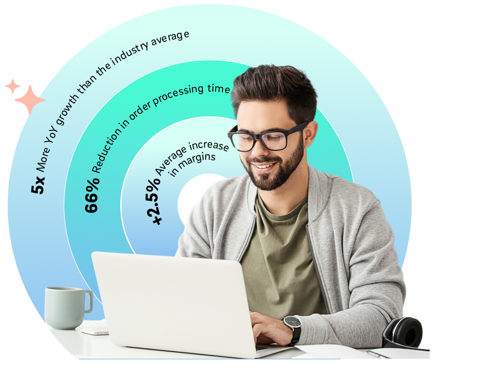 Person using Syncore Core360 with floating data and analytics graphics