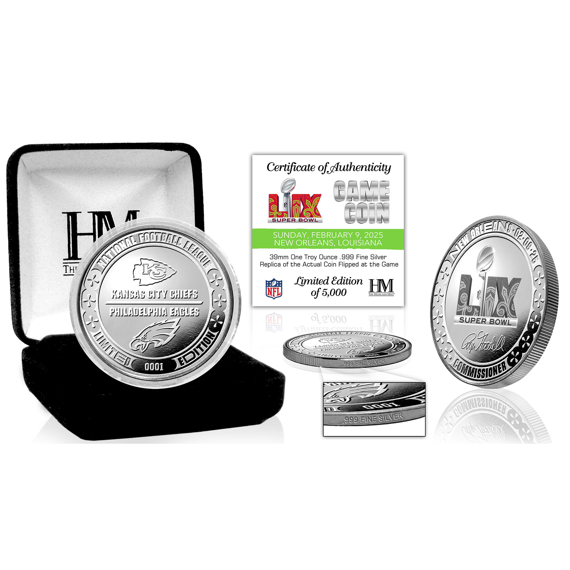 Kansas City Chiefs vs. Philadelphia Eagles Highland Mint Super Bowl LIX Matchup Fine Silver Flip Coin